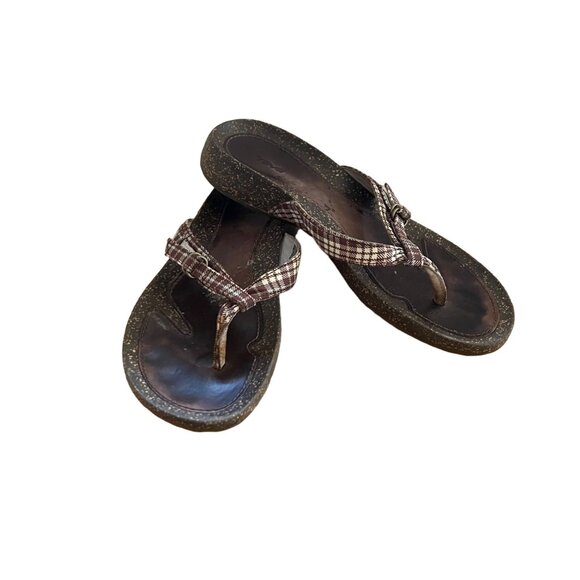 Teva Size 7.5 Brown Plaid Ventura Leather Toe Post Thong Flip Flop Sandals #6503 - Picture 1 of 16